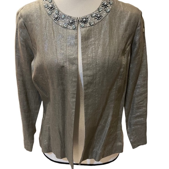 Chico's Jackets & Blazers - Chico’s 100% Linen Taupe Metallic Open Front Jacket Jeweled Neckline Sz S